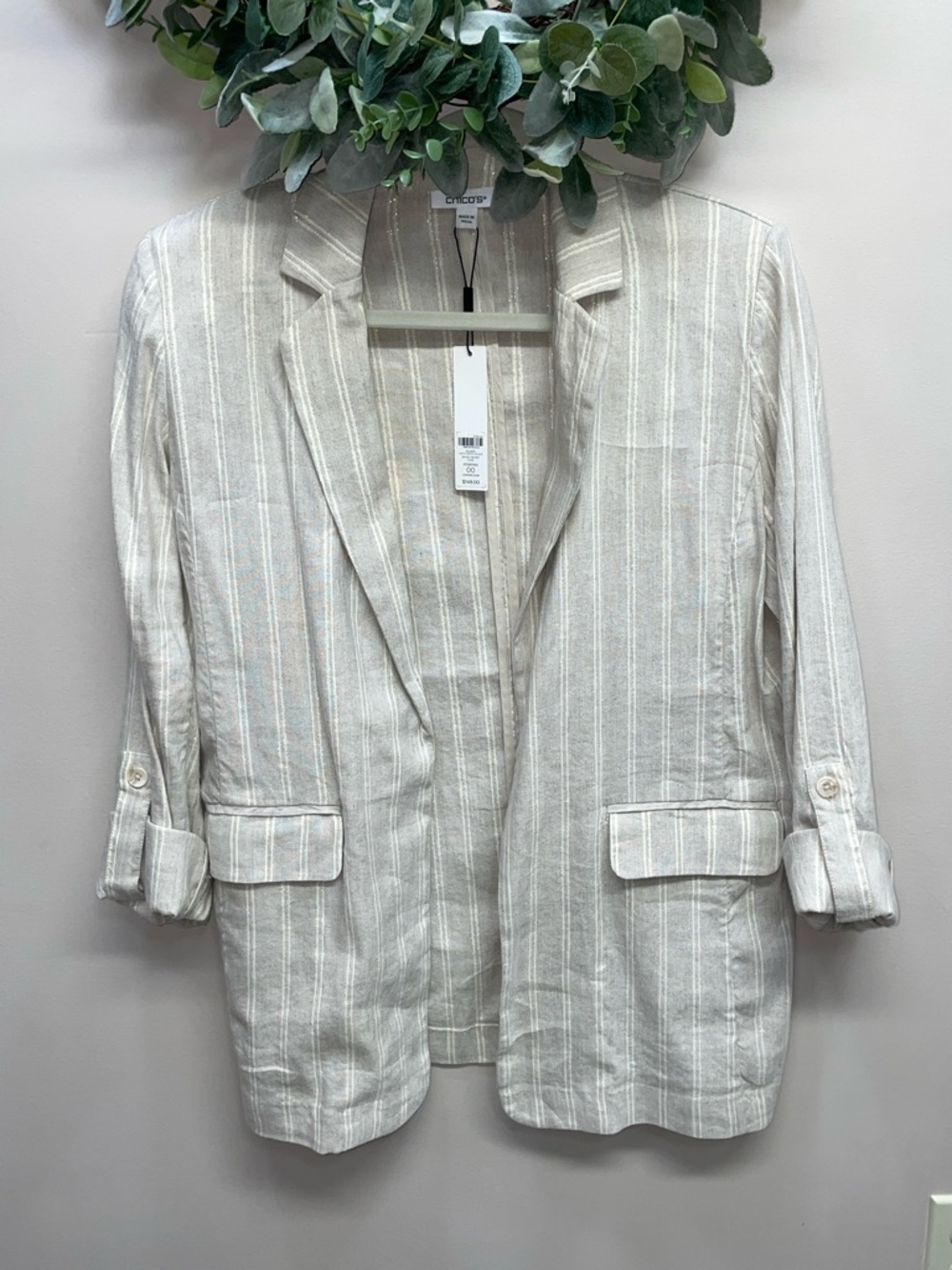 NWT Chico’s Stretch Linen Blazer 3/4 Sleeve Striped Flax Gold Metallic US 2(00)